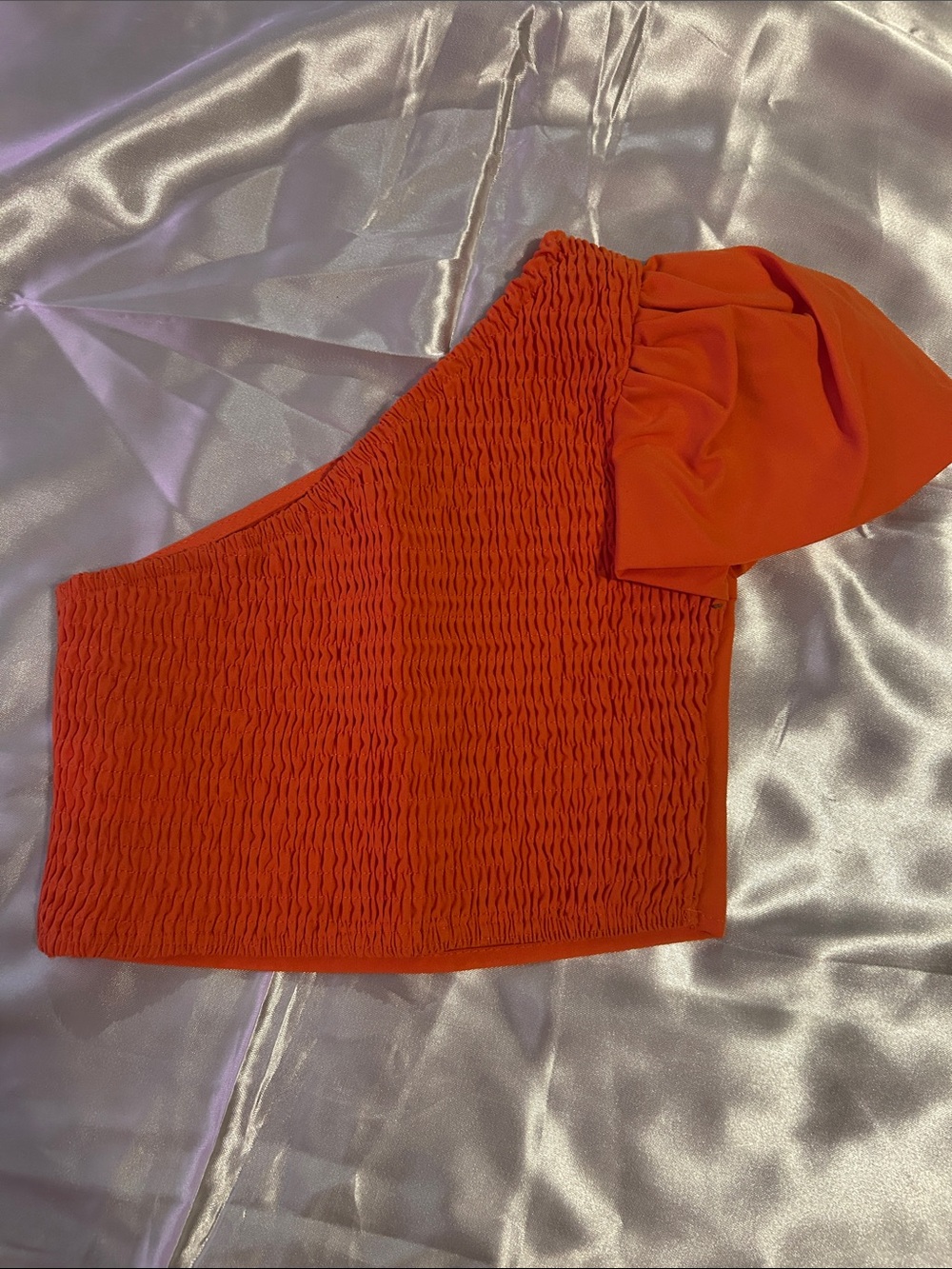 SHEIN One-Shoulder Orange Smocked Crop Top with Puff Sleeve